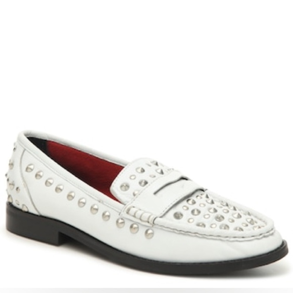 White leather loafers with stud accent detail. US 8.5